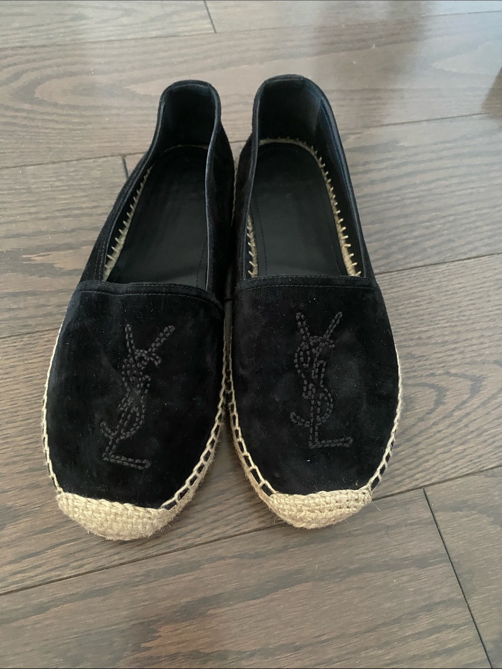 Black Suede Espadrille Loafers with Natural Jute Trim